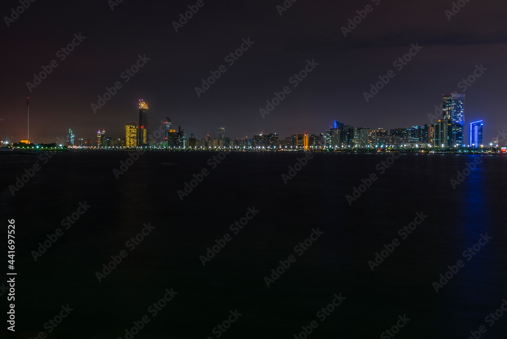 Panorama of Abu Dhabi city at night, UAE