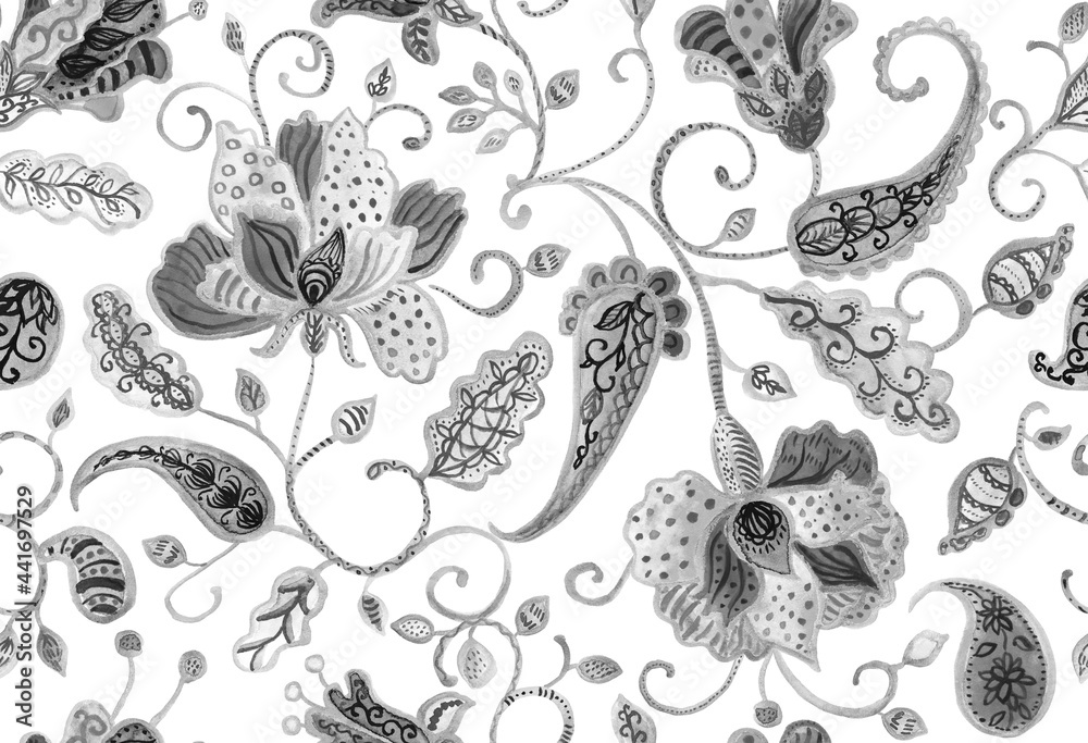Fototapeta premium Paisley watercolor floral pattern tile: flowers, flores, tulips, leaves. Oriental indian traditional hand painted water color whimsical seamless print, ceramic design. Abstract india batik background