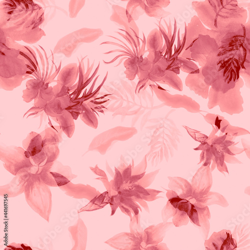 Pink Watercolor Set. Flush Flower Set. Coral Seamless Print. Pattern Painting. Tropical Painting. Isolated Foliage. Fashion Set. Botanical Design.