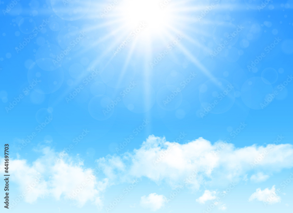 Sunny day background, blue sky with white cumulus clouds and glaring sun, natural summer or spring background with perfect hot day weather, vector illustration.