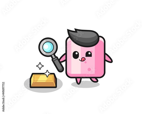 marshmallow character is checking the authenticity of the gold bullion
