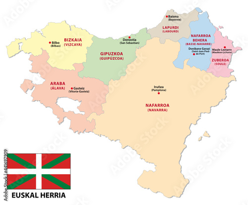 administrative map of the french and spanish part of the basque country with flag 