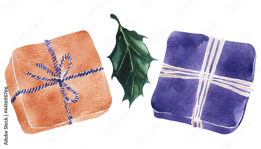 Naklejka premium Watercolor set of illustration for festive New Year and Christmas themes 