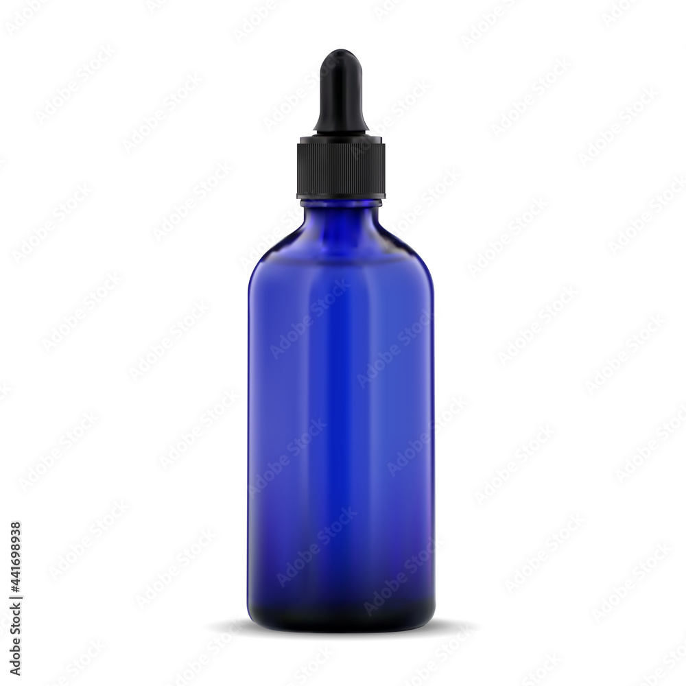 Cosmetic serum blue glass pipette bottle, collagen product essence mockup. Facial treatment glossy packaging with droplet. q10 aging serum, liquid supplement