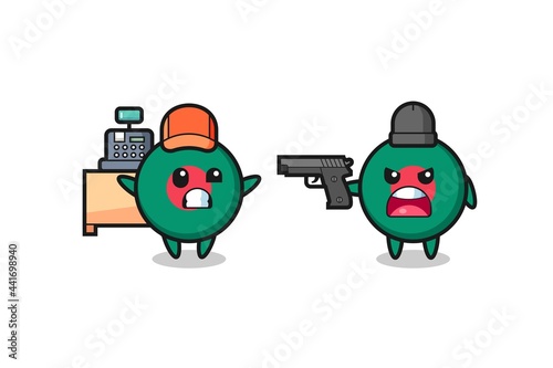 illustration of the cute bangladesh flag badge as a cashier is pointed a gun by a robber