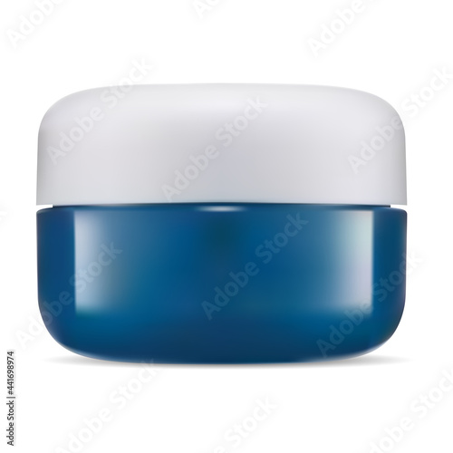 Cream jar, cosmetic case mockup. Plastic face creme container. Beauty body butter round glossy jar sample with white cover. Empty packaging template for skin gel or scrub