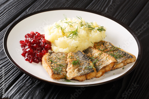 Delicious Fried herring fillet with dill garnished with mashed potatoes and lingonberry sauce close-up in a plate on the table. horizontal photo