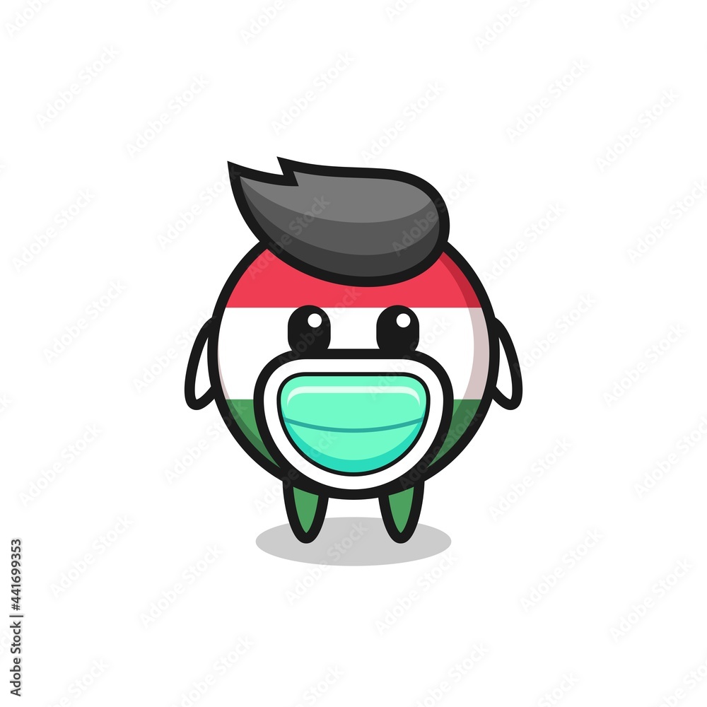 cute hungary flag badge cartoon wearing a mask