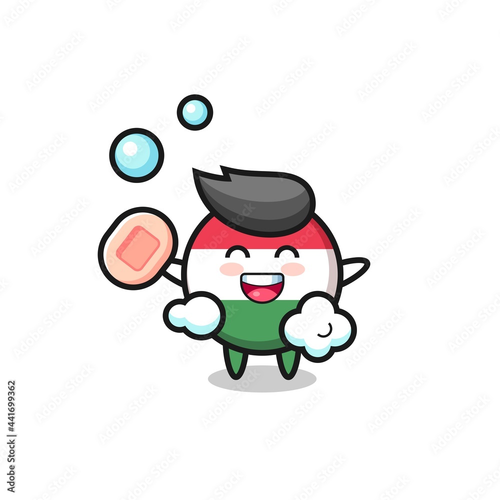 hungary flag badge character is bathing while holding soap