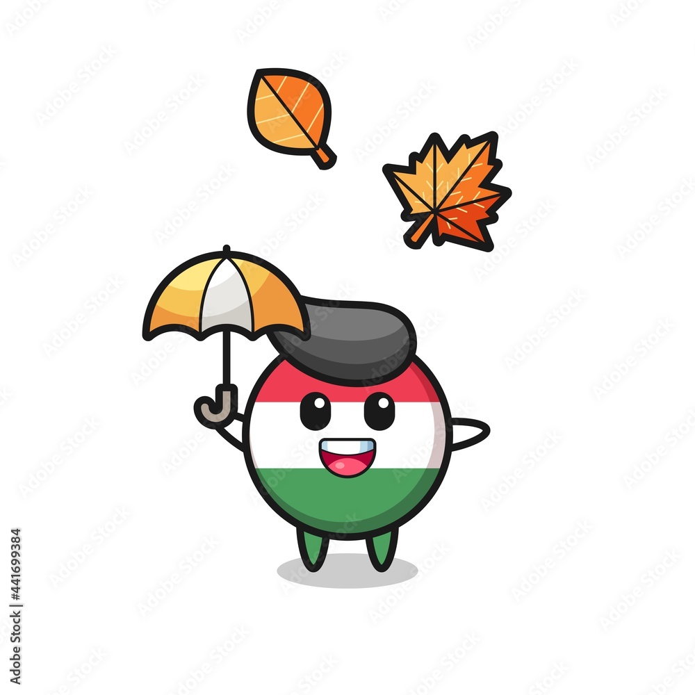 cartoon of the cute hungary flag badge holding an umbrella in autumn