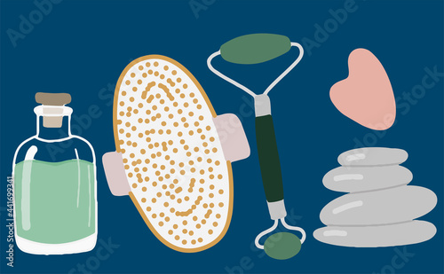 Collection of elements for face and body massage, oil, aroma diffuser, aroma lamp, a set of beauty illustrations, spa and wellness therapy, cartoon flat illustration, body care, vector beauty icons