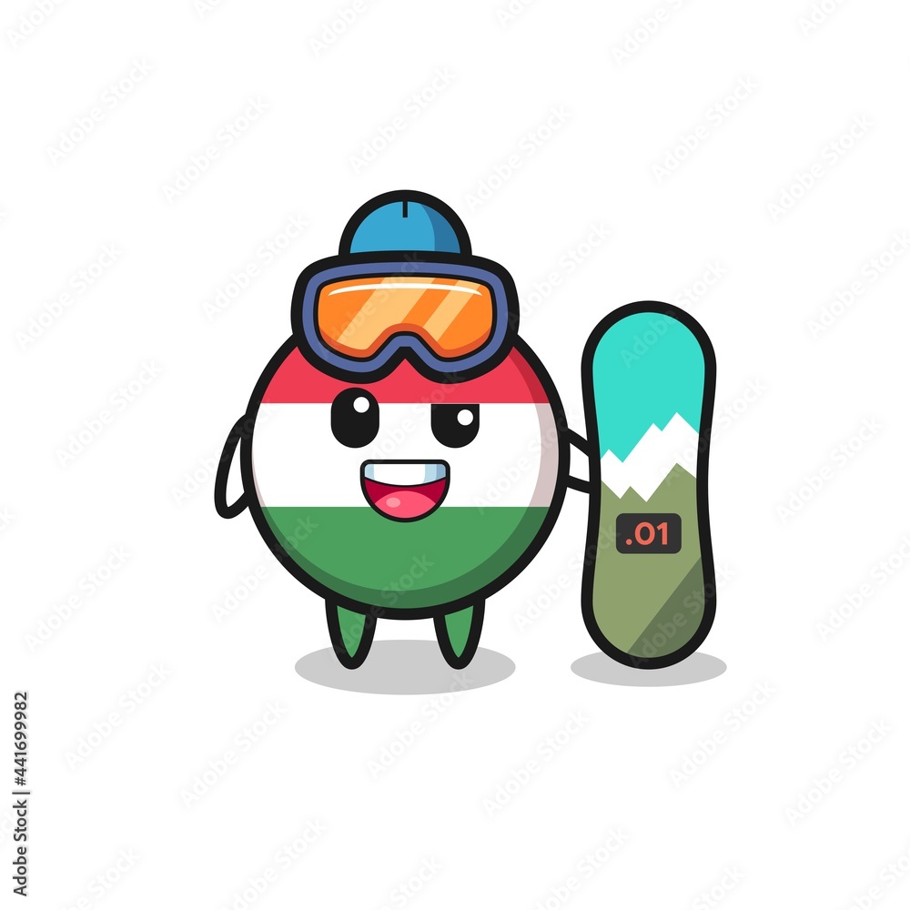 Fototapeta premium Illustration of hungary flag badge character with snowboarding style