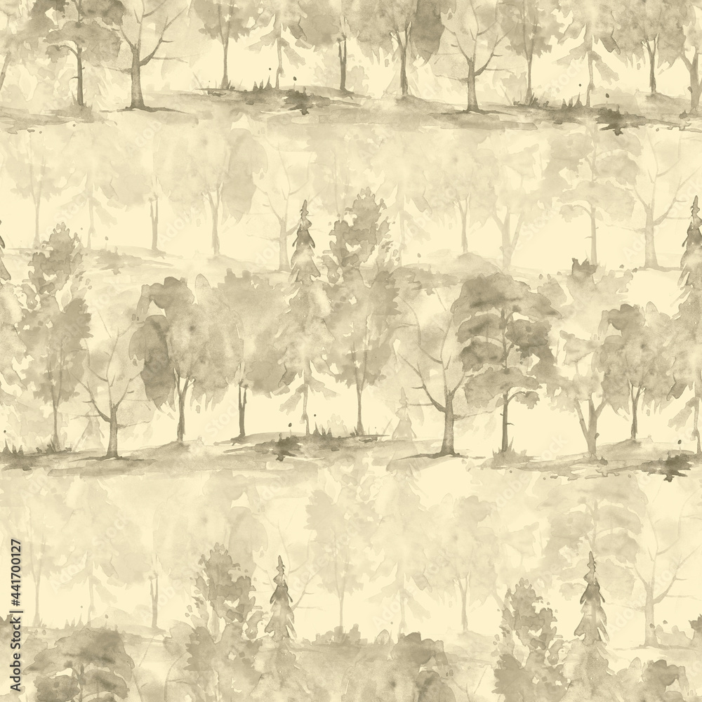 Obraz premium Watercolor autumn trees. Autumn forest,hill. Watercolor art background. Beautiful splash of paint. Abstract creative seamless background. Country landscape, park. Eco