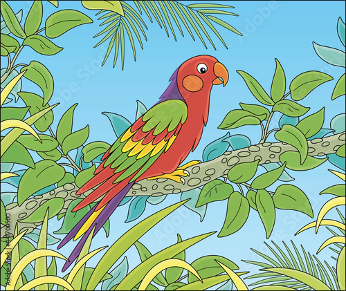 Exotic colorful parrot with a long tail and brightly colored plumage  perched on a green tree branch in a tropical jungle  vector cartoon illustration