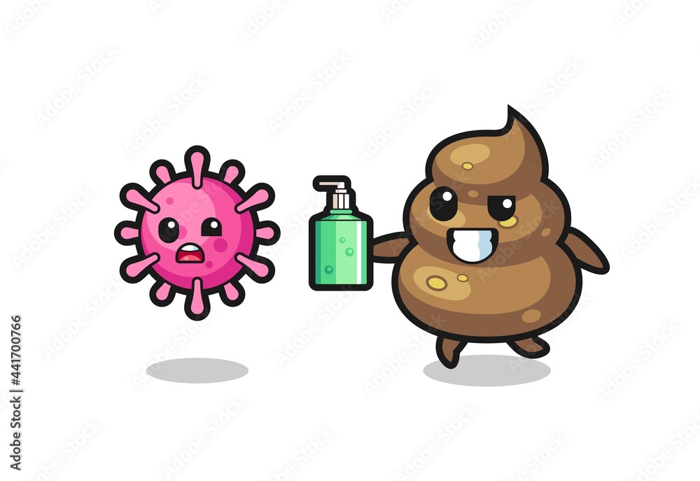 illustration of poop character chasing evil virus with hand sanitizer