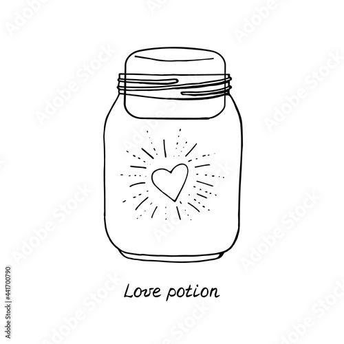 Line art illustration of hand drawn heart in mason jar. Lettering text love potion. Isolated on white background.