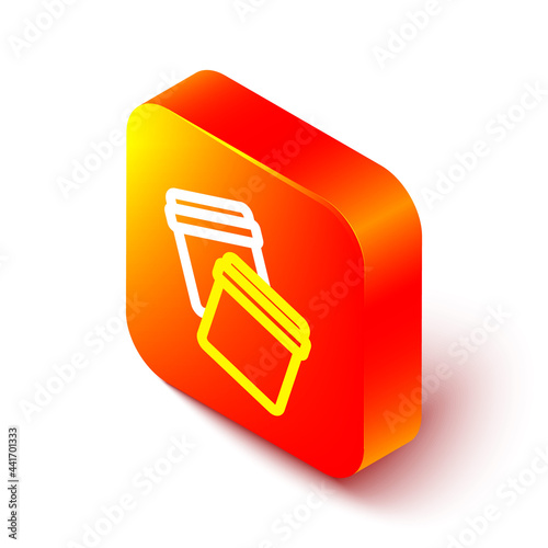 Isometric line Plastic bag with ziplock icon isolated on white background. Orange square button. Vector