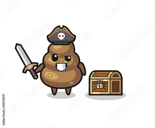 the poop pirate character holding sword beside a treasure box