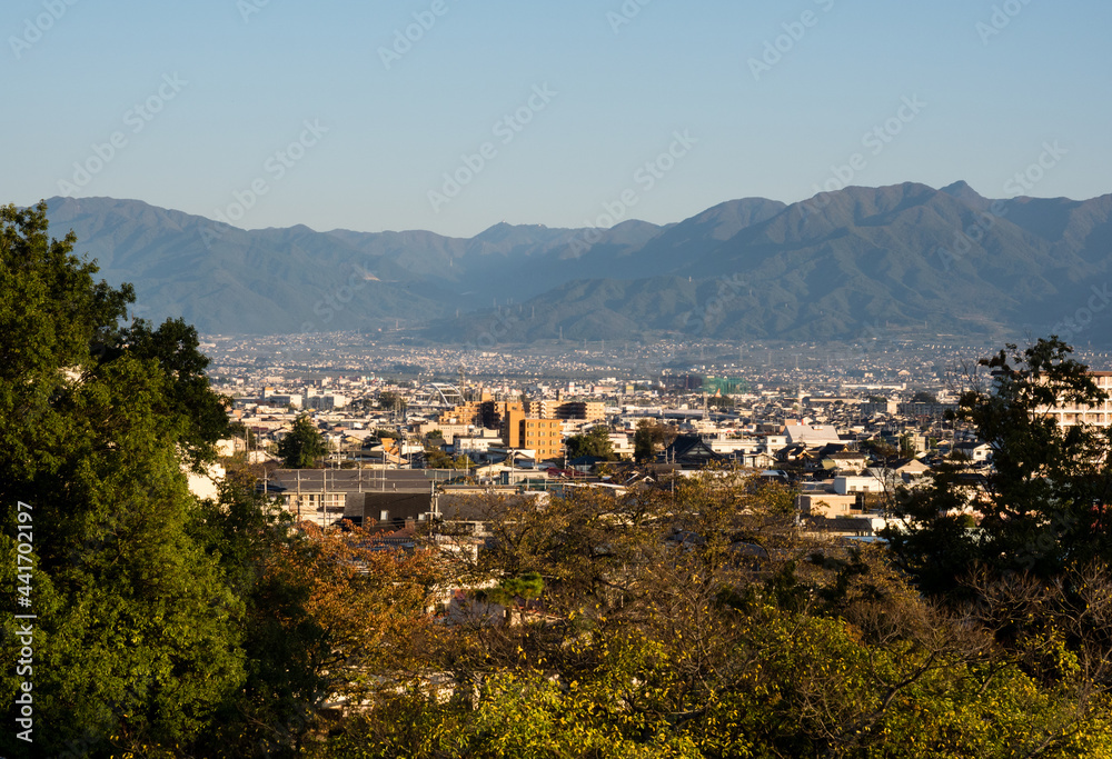 Scenic view of Kofu city from Maizuru Castle Park (Kofu castle) - Yamanashi prefecture, Japan