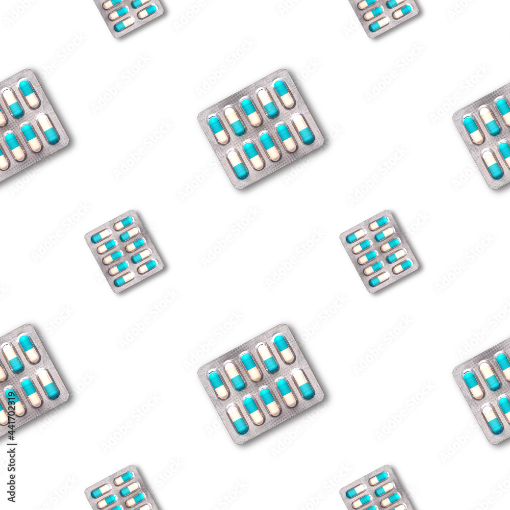 Tablets in capsules on a white background, seamless pattern. Tablets in capsules on a white background, seamless pattern.