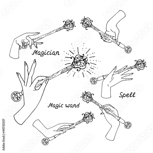 Set of line art illustrations of hand drawn witch hands holding magic wands. Isolated on white background.