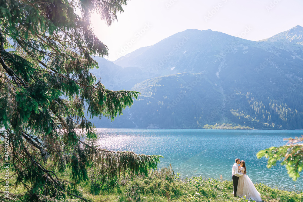 the groom in a suit and the bride in a white dress stand on the shore of a lake and mountain peaks