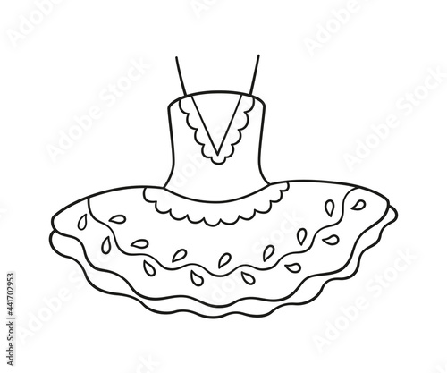 Cute ballerina dress. Ballet costume for coloring book. Isolated vector illustration in doodle style on white background.