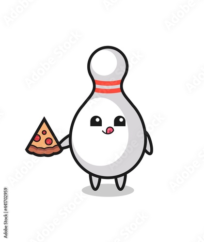 cute bowling pin cartoon eating pizza