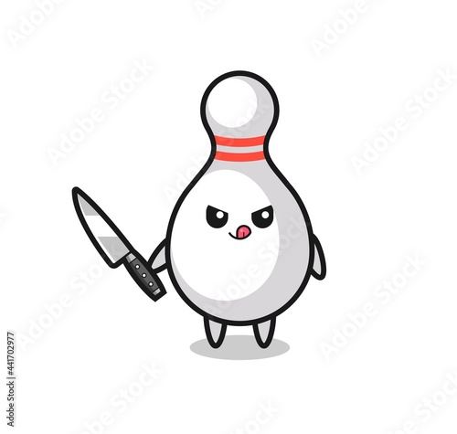 cute bowling pin mascot as a psychopath holding a knife