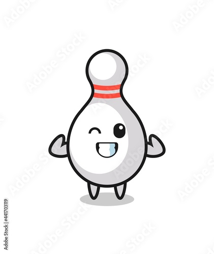 the muscular bowling pin character is posing showing his muscles