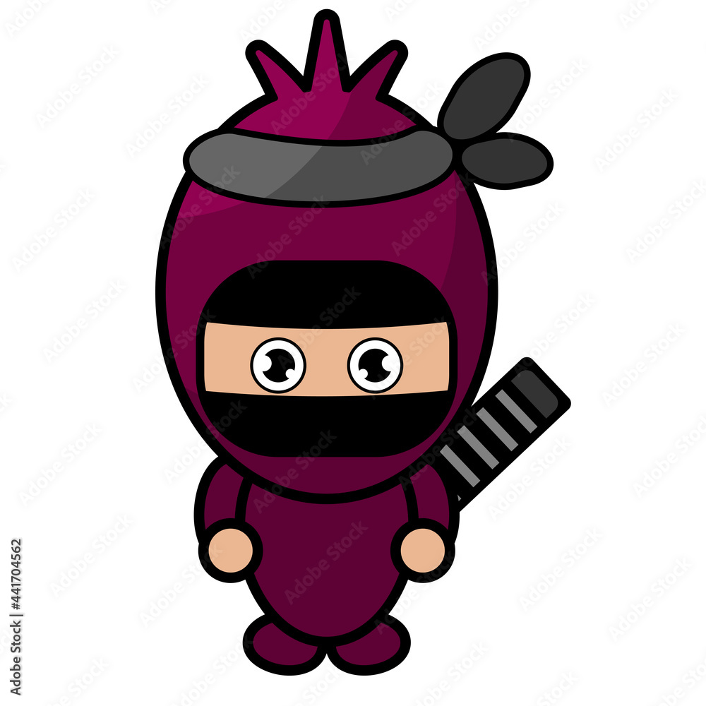 vector cartoon cute mascot character simple Shallot costume ninja with carrying katana