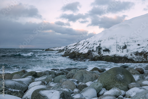 February on the shores of the Barents Sea. Kola Peninsula, Russia