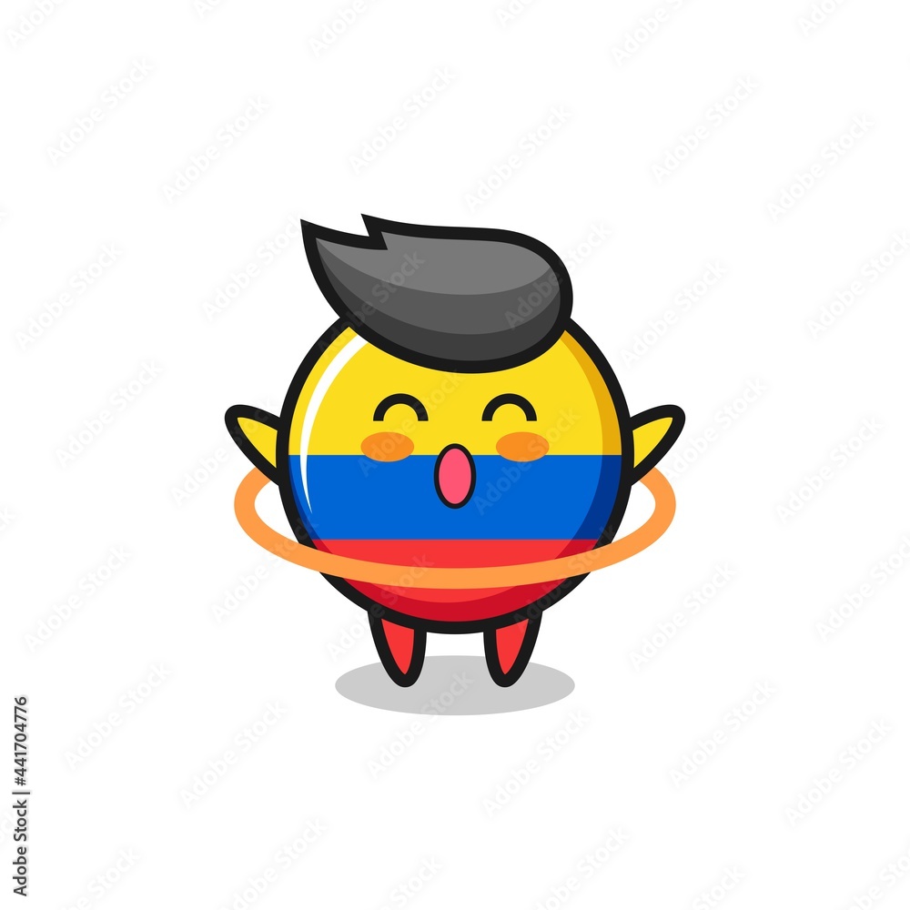 cute colombia flag badge cartoon is playing hula hoop