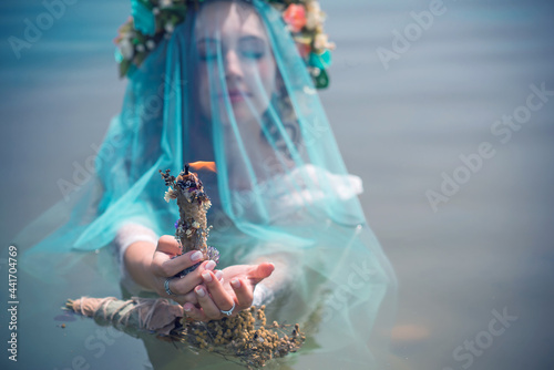 Bride nymph at water, Slavic rituals, pagan magic scene, nature power concept