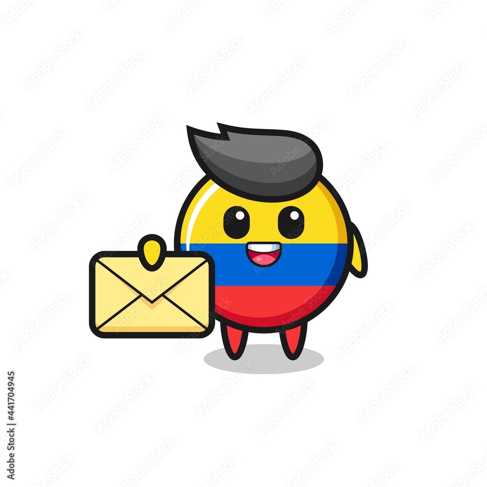 cartoon illustration of colombia flag badge holding a yellow letter cartoon illustration of colombia flag badge holding a yellow letter
