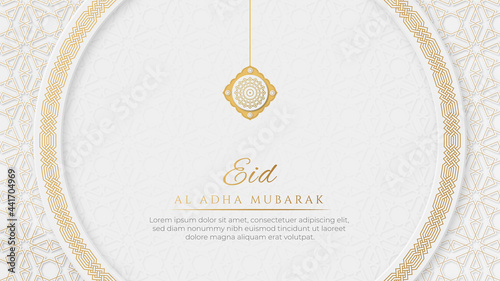 Eid Mubarak Arabic Elegant White and Golden Luxury Islamic Ornamental Circle Shape Background with Islamic Pattern Border and Decorative Hanging Ornament