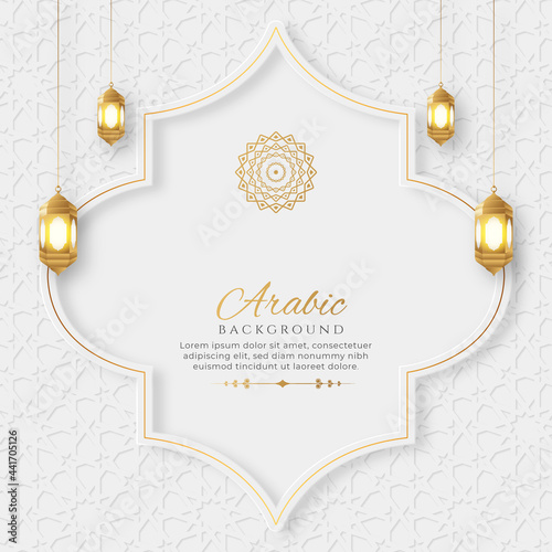 Arabic Islamic  Golden Luxury Ornamental Background with Arabic Pattern and Decorative Lantern Ornaments