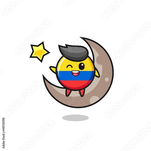 illustration of colombia flag badge cartoon sitting on the half moon © heriyusuf