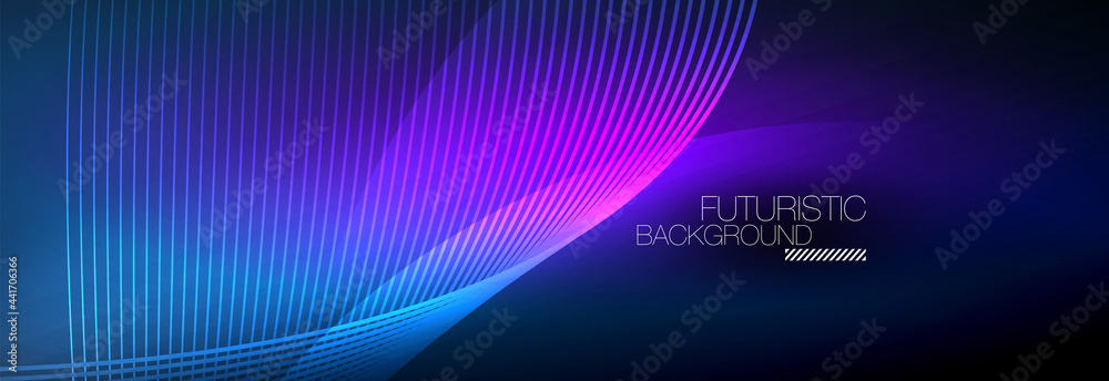 Abstract neon glowing light in the dark with waves. Shiny magic energy and motion concept, vector abstract wallpaper background Abstract neon glowing light in the dark with waves. Shiny magic energy and motion concept, vector abstract wallpaper background