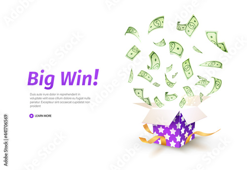 Dollar paper currency explosion out box. Win money prizes vector banner. Gambling advertising illustration. Purple textured gift box on white background