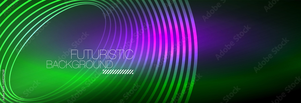 Dark abstract background with glowing neon circles. Trendy layout template for business or technology presentation, internet poster or web brochure cover, wallpaper