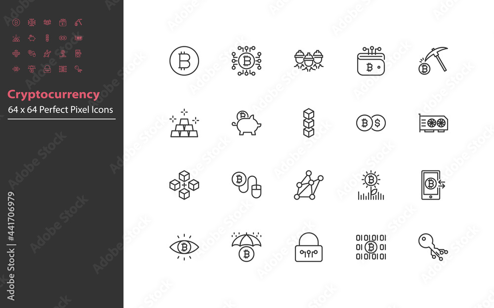set of cryptocurrency thin line icons, blockchain, digital money, fintech