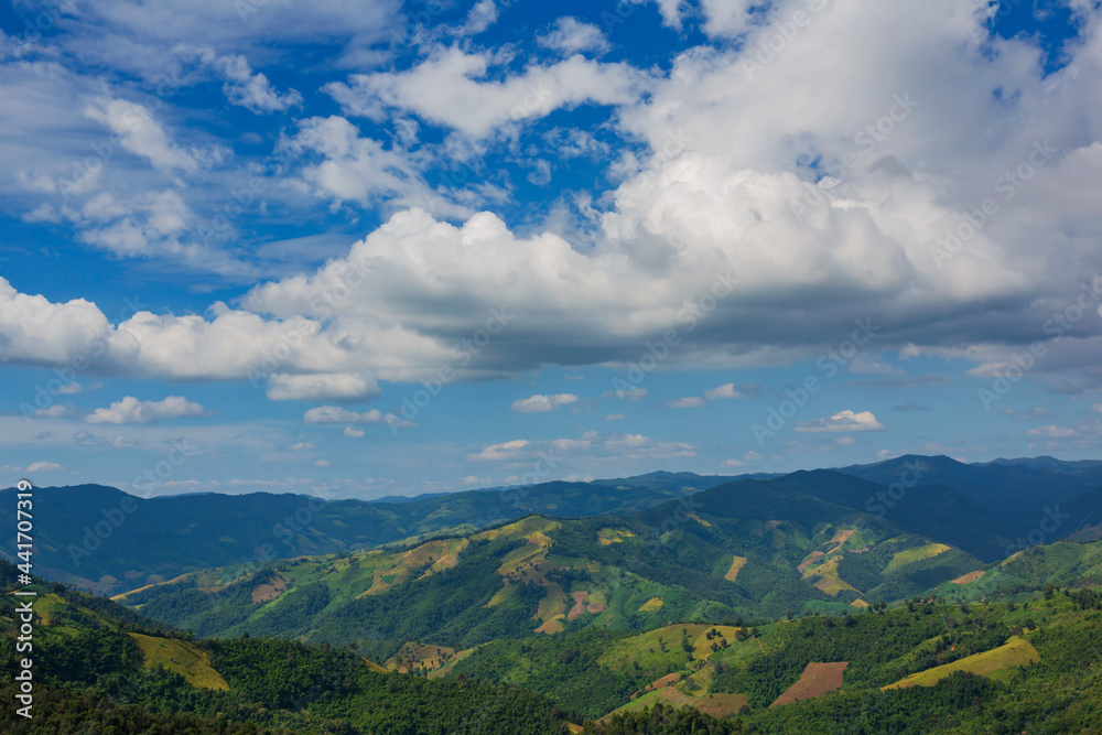 Naklejka premium Landscape of beautiful rice field and natural on Doi Sakad in Pua district, Nan province of Thailand