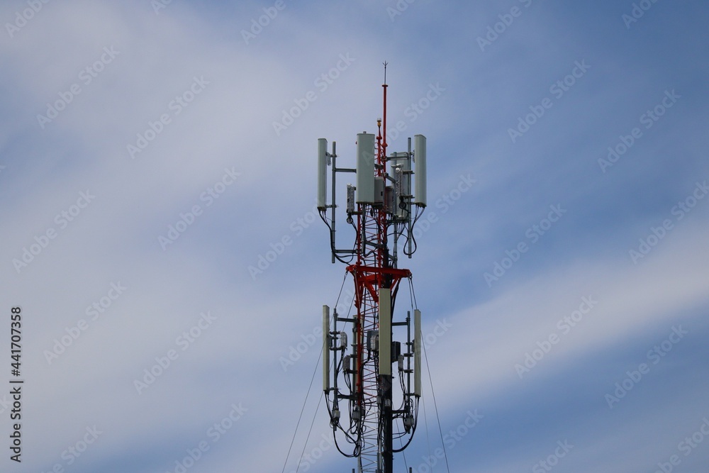Telecommunications antennas, radio and satellite communication technology, telecommunications industry Mobile network or telecommunications 4g separated from the blue background