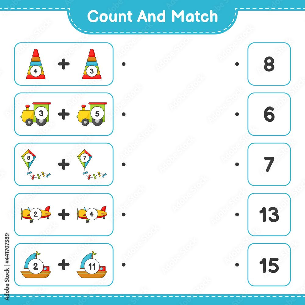 Count and match, count the number of Pyramid Toy, Train, Kite, Plane, Boat and match with the right numbers. Educational children game, printable worksheet, vector illustration