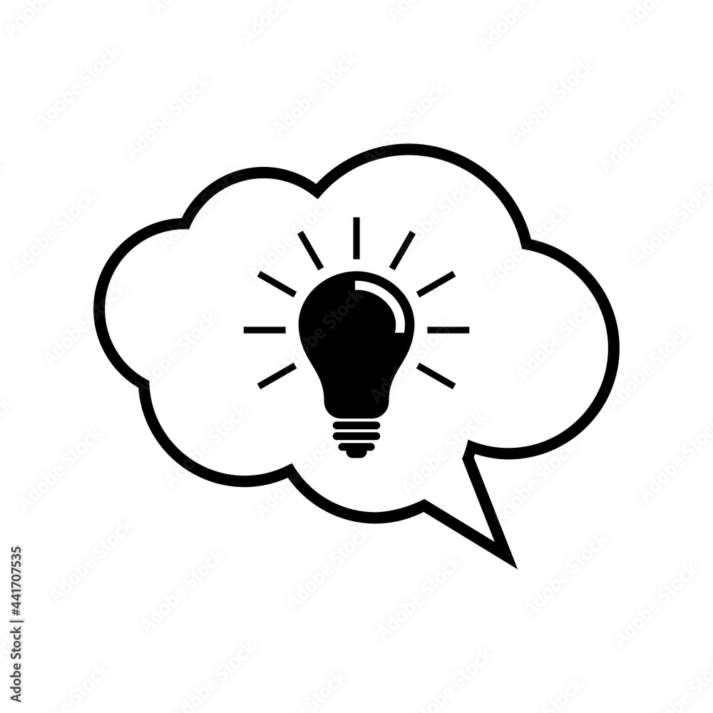 Idea thinking cloud bubble with light bulb icon isolated on white background Idea thinking cloud bubble with light bulb icon isolated on white background