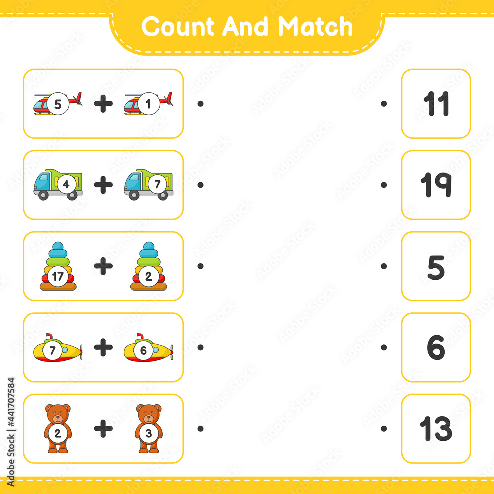 Count and match, count the number of Helicopter, Lorry, Pyramid Toy, Submarine, Teddy Bear and match with the right numbers. Educational children game, printable worksheet, vector illustration