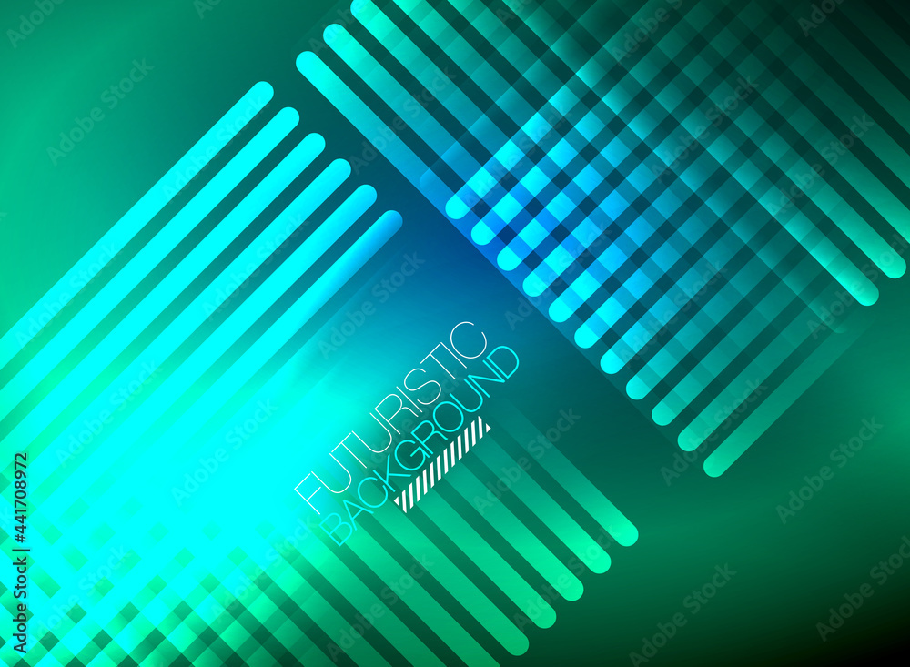 Bright neon color techno abstract background, shiny glowing neon lines in the dark background