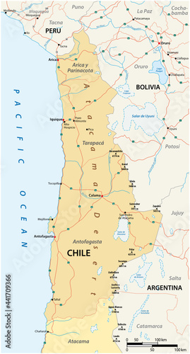 vector roads map of the Atacama desert in the north of Chile