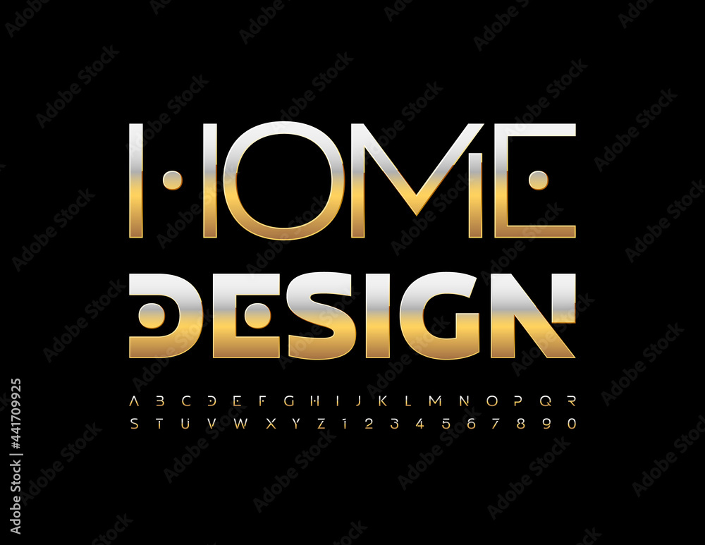 Vector business concept Home Design. Stylish artistic Font. Gold metallic Alphabet Letters and Numbers set